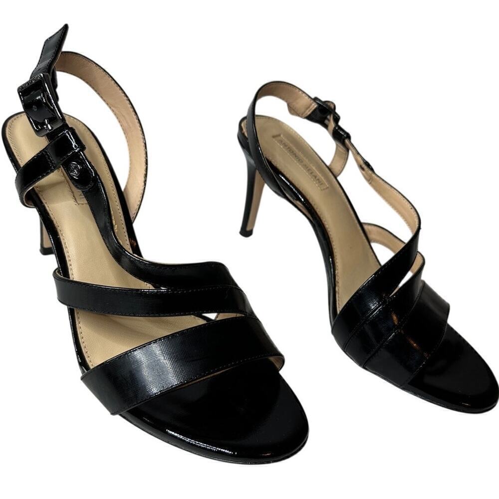 Antonio Melani Size 8.5 Strappy Stiletto Heels Black Patent Leather Formal